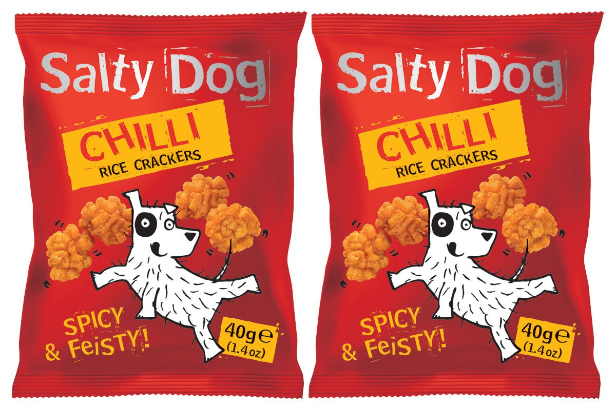 Pack shots of Salty Dog Chilli Rice Crackers packs.