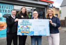 Spar unveils Spin into Spring grand prize winner Representatives from Spar Scotland stand with the winner of the £10k grand prize of Spin into Spring outside Spar Whitletts.