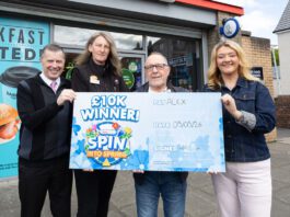 Spar unveils Spin into Spring grand prize winner Representatives from Spar Scotland stand with the winner of the £10k grand prize of Spin into Spring outside Spar Whitletts.