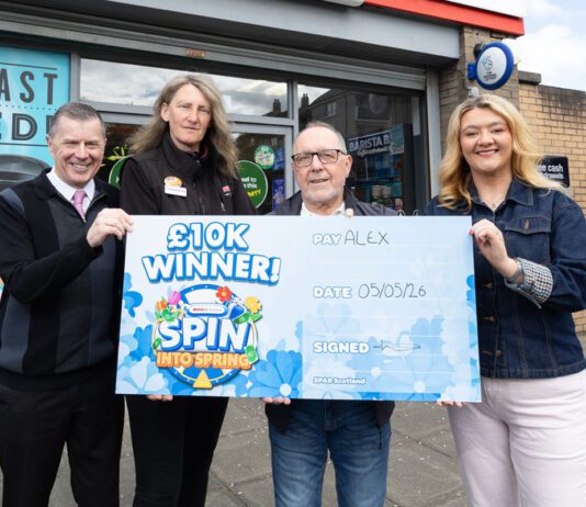 Spar unveils Spin into Spring grand prize winner Representatives from Spar Scotland stand with the winner of the £10k grand prize of Spin into Spring outside Spar Whitletts.