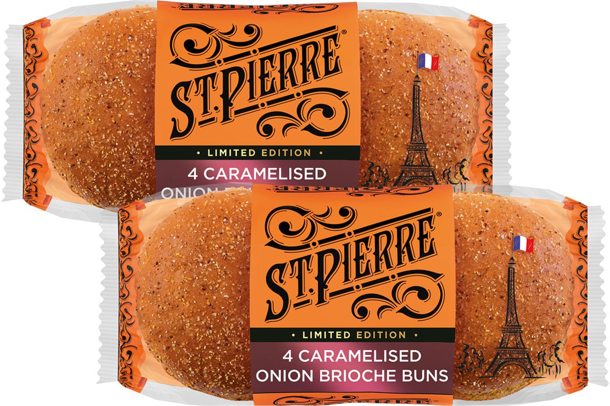 Pack shots of St Pierre Caramelised Onion Brioche Buns.