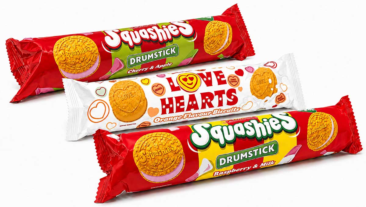 The new Swizzels biscuit range based on Squashies and Love Hearts that have been created by specialist manufacturer Baleigh.