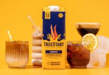 TrueStart launches Espresso Coffee Concentrate A carton of TrueStart Espresso Coffee Concentrate stands in the middle of multiple different serves using the coffee against a yellow background.