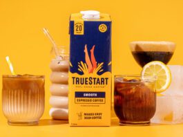 TrueStart launches Espresso Coffee Concentrate A carton of TrueStart Espresso Coffee Concentrate stands in the middle of multiple different serves using the coffee against a yellow background.