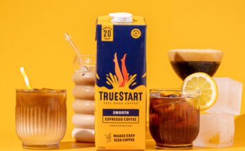TrueStart launches Espresso Coffee Concentrate A carton of TrueStart Espresso Coffee Concentrate stands in the middle of multiple different serves using the coffee against a yellow background.