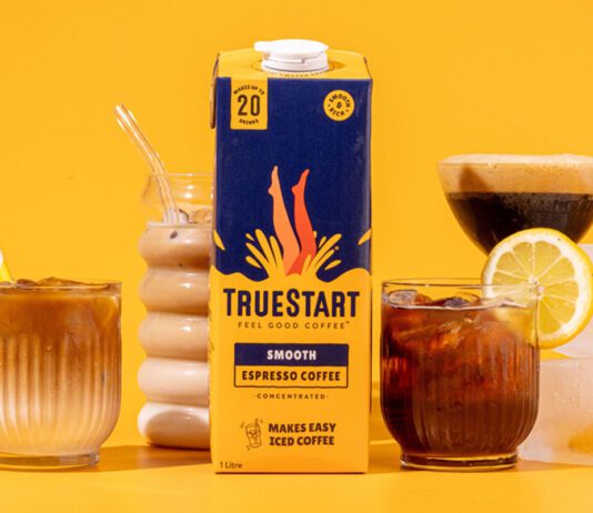 TrueStart launches Espresso Coffee Concentrate A carton of TrueStart Espresso Coffee Concentrate stands in the middle of multiple different serves using the coffee against a yellow background.