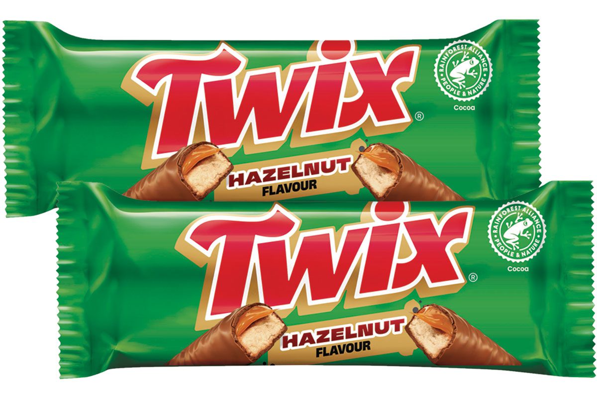 Pack shots of Twix Hazelnut bars.