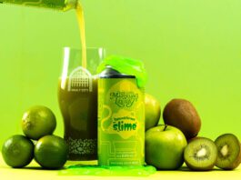 Vault City dials up sour tastes with Marvellous Liquids range A can of Vault City Splendiferous Slime stands amongst green fruit with green slime on top of the can whilst the beer is poured out into a Vault City glass behind the can.