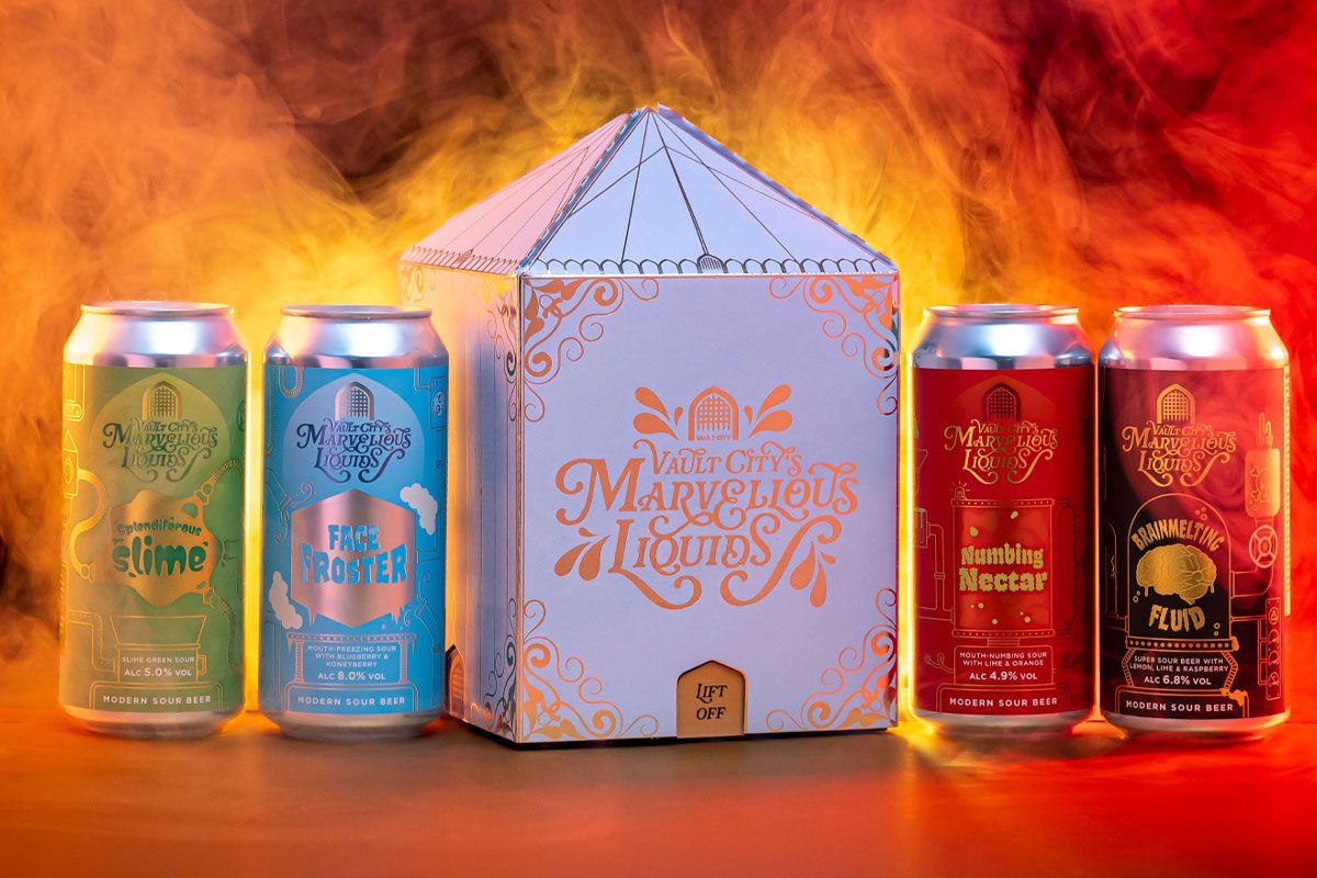 Promotional image for the Vault City Marvellous Liquids range including Splendiferous Slime, Brainmetling Fluid, Numbing Nectar and Face Froster with the package the four beers come in in the middle of the four cans.