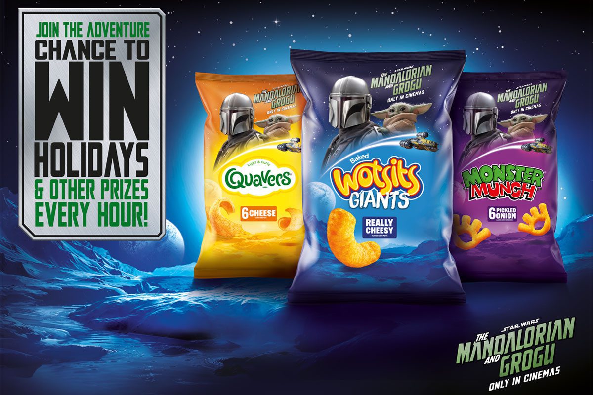 Promotional image for the on-pack promotion between Walkers Crisps and Star Wars The Mandalorian and Grogu.