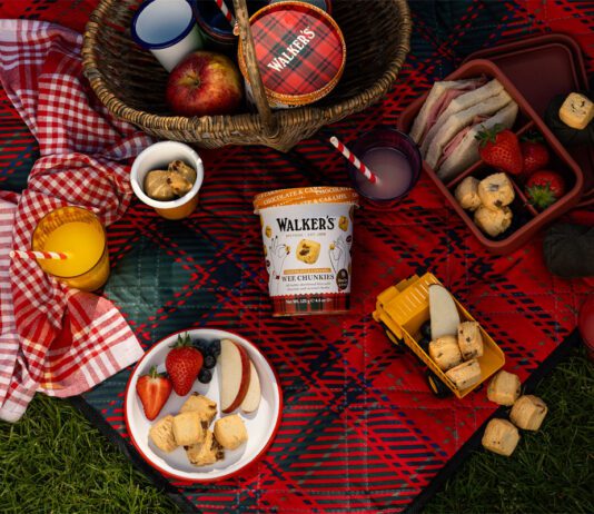 Walker’s Shortbread launches Wee Chunkies sharing tubs A picnic scene featuring the new Walker's Shortbread Wee Chunkies Chocolate & Salted Caramel Tub.