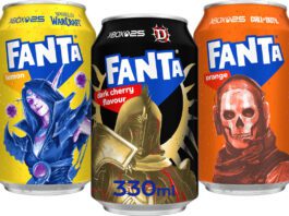 Fanta appeals to gamers with new Dark Cherry flavour Pack shots of Wanta Fanta Xbox cans with Fanta Lemon, Fanta DarkCherry and Fanta Orange that all have characters from videogames on packs across them.