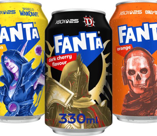 Fanta appeals to gamers with new Dark Cherry flavour Pack shots of Wanta Fanta Xbox cans with Fanta Lemon, Fanta DarkCherry and Fanta Orange that all have characters from videogames on packs across them.