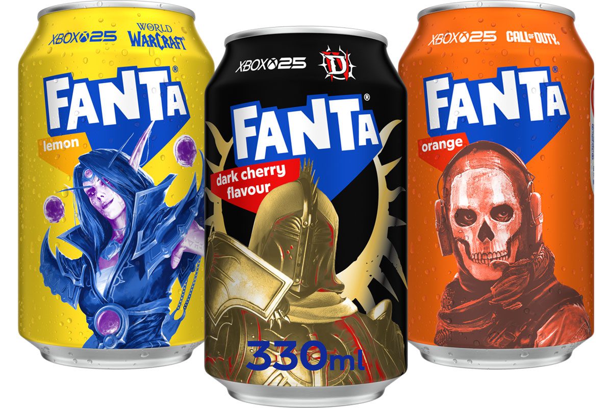 Pack shots of Wanta Fanta Xbox cans with Fanta Lemon, Fanta DarkCherry and Fanta Orange that all have characters from videogames on packs across them.