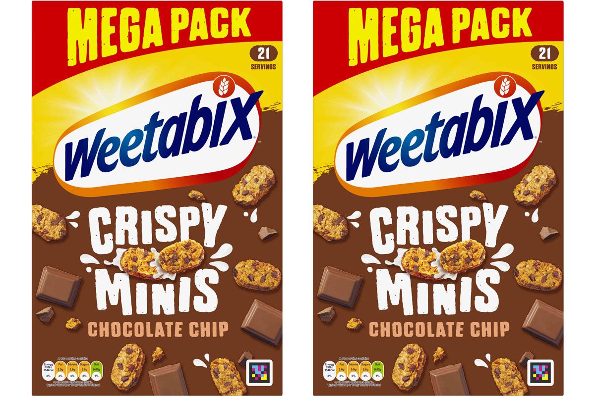Pack shots of Weetabix Crispy Minis Chocolate Chip 850g Mega Packs.