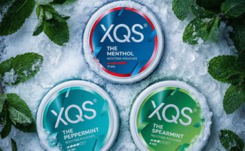 XQS introduces new mint nicotine pouch range Packs of XQS The Menthol, The Peppermint and The Spearmint sit in a snowy field with mint leaves around them.
