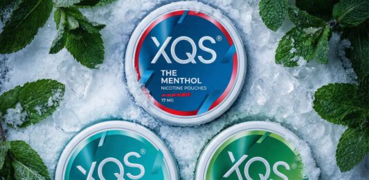 XQS introduces new mint nicotine pouch range Packs of XQS The Menthol, The Peppermint and The Spearmint sit in a snowy field with mint leaves around them.