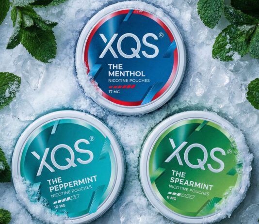 XQS introduces new mint nicotine pouch range Packs of XQS The Menthol, The Peppermint and The Spearmint sit in a snowy field with mint leaves around them.