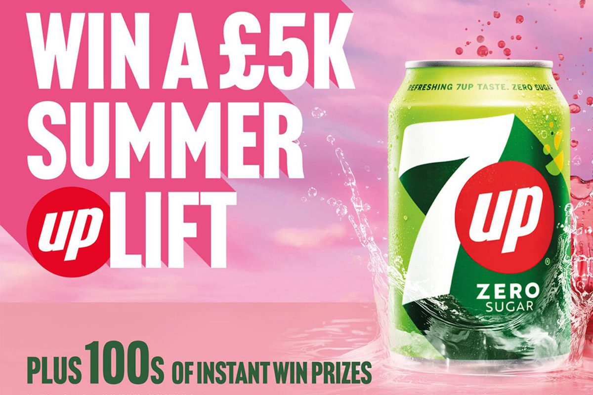 Promotional image of the 7UP 2026 summer campaign with a can of 7UP Zero next to text that reads 'Win a £5k Summer Uplift'.