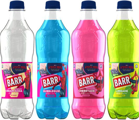 Barr swings into stores with Spider-Man: Brand New Day promo Pack shots of Barr Carbonates with the on-pack promotion for Spider-Man: Brand New Day across them, the variants consist of American Cream Soda, Bubblegum, Cherryade and Limeade.