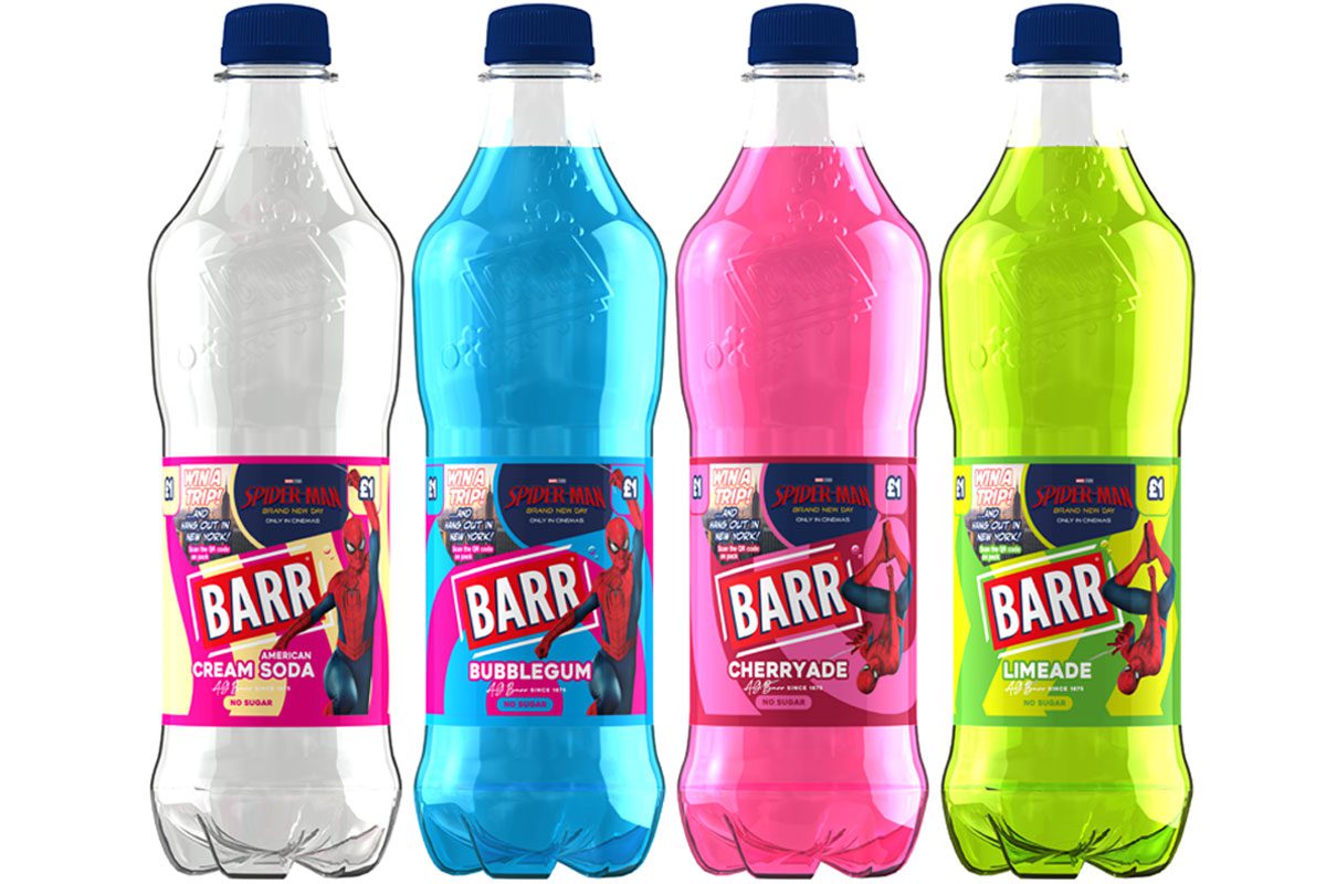 Pack shots of Barr Carbonates with the on-pack promotion for Spider-Man: Brand New Day across them, the variants consist of American Cream Soda, Bubblegum, Cherryade and Limeade.