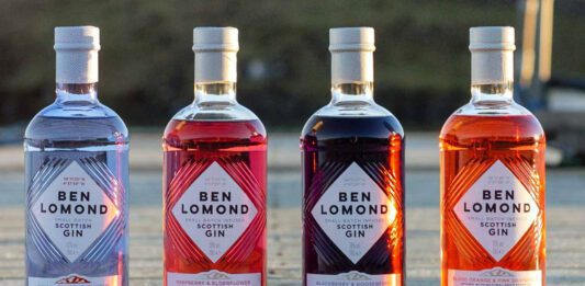 Ben Lomond Gin unveils new bottle design Bottles of the Ben Lomond Gin redesign for 2026 are lined up on a wooden pier.