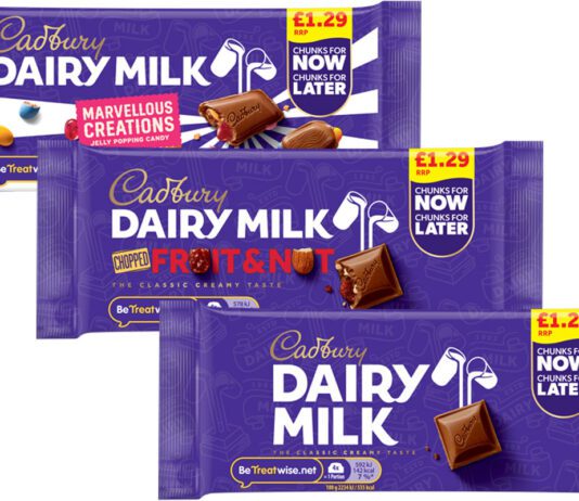Cadbury rolls out new Grab and Go pack format Pack shots of Cadbury Dairy Milk Grab & Go format bars in Marvellous Creations, Fruit & Nut and Cadbury Dairy Milk variants.