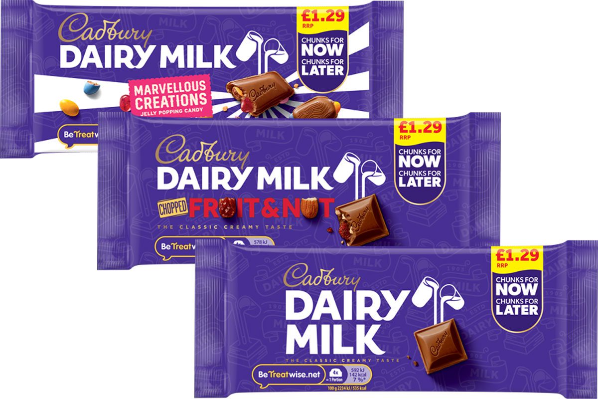 Pack shots of Cadbury Dairy Milk Grab & Go format bars in Marvellous Creations, Fruit & Nut and Cadbury Dairy Milk variants.