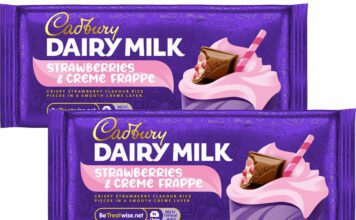 Cadbury launches new Strawberries & Creme Frappe Dairy Milk bar Pack shots of Cadbury Dairy Milk Strawberries & Creme Frappe.