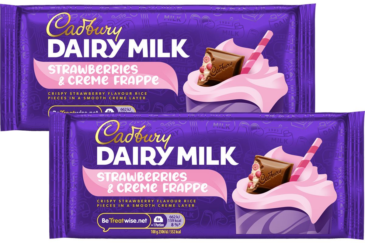 Pack shots of Cadbury Dairy Milk Strawberries & Creme Frappe.