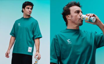 Celsius revs up partnership with Formula One Lance Stroll and Fernando Alonso stand holding cans of Celsius energy drink.