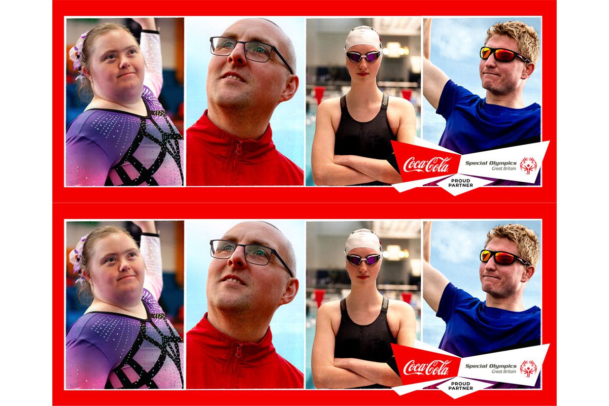 Images of Special Olympics GB athletes in red boxes with the Coca-Cola Special Olympics GB sponsorship logo in the bottom right corner of the images.