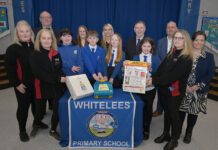 Spar Condorrat hits major LifeVac milestone Staff members from Spar Condorrat stands with primary school pupils from Whitelees along with staff members at the school.