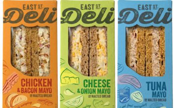 Kepak unveils new East St Deli sandwich range Pack shots of East St Deli Chicken & Bacon, Cheese & Onion and Tuna Mayo sandwiches.