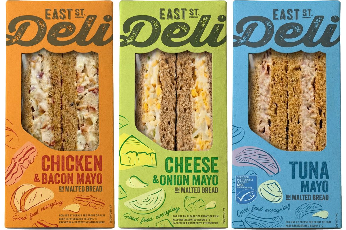 Pack shots of East St Deli Chicken & Bacon, Cheese & Onion and Tuna Mayo sandwiches.