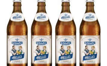 Erdinger launches new Helles Lager in UK Pack shots of Erdinger Weissbräu Brauhaus Helles lager bottles.