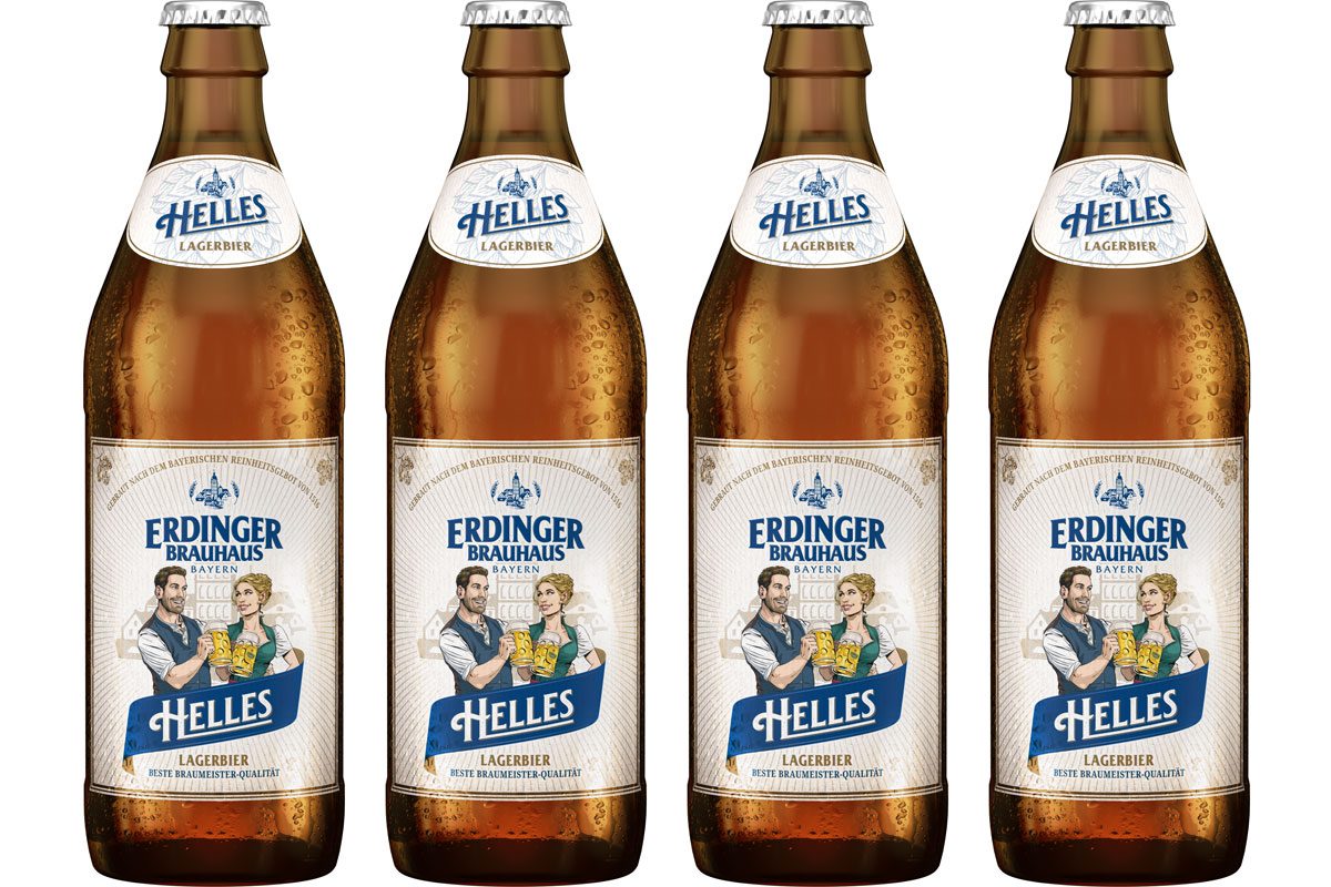 Pack shots of Erdinger Weissbräu Brauhaus Helles lager bottles.