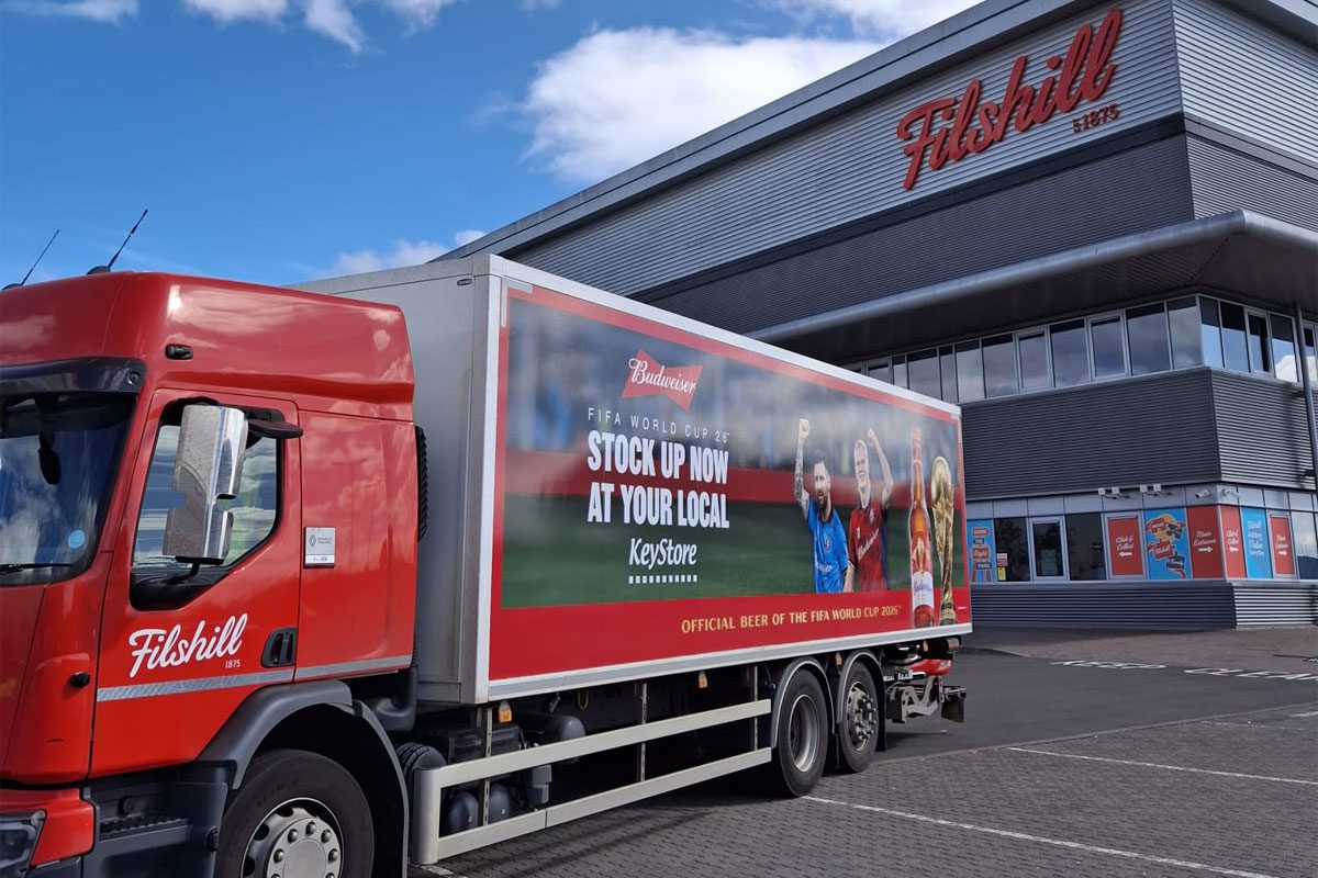 A Filshill truck with Budweiser football branding on its side sits outside the firm's depot in Renfrew.