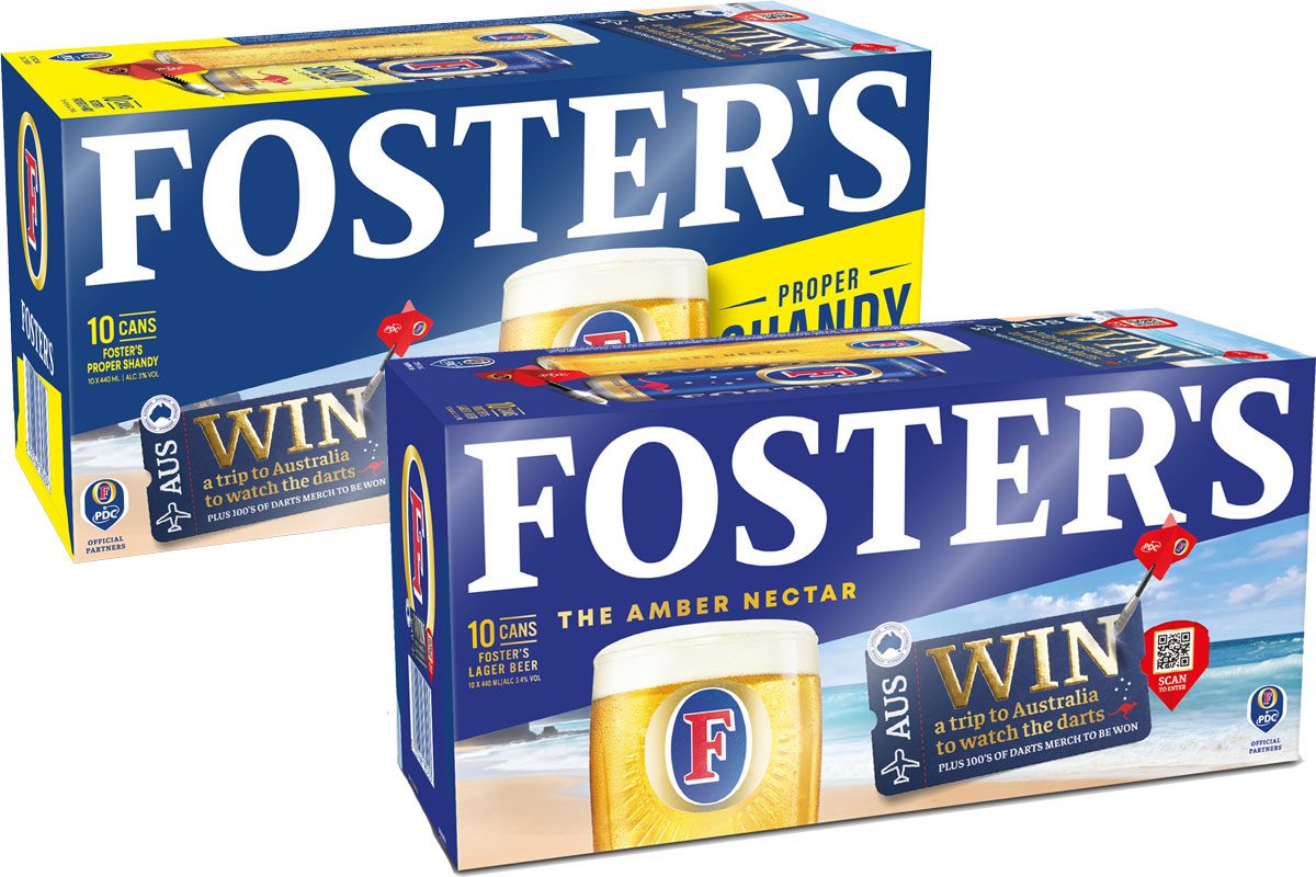 Pack shots of Foster's Classic Lager and Foster's Proper Shandy with the summer 2026 promotion.