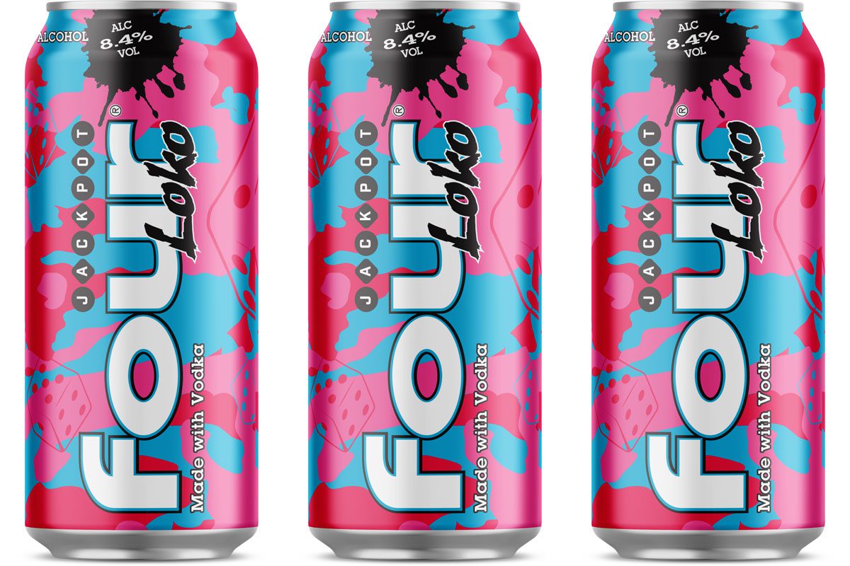 Pack shots of Four Loko Jackpot cans.