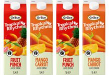 Grace Foods unveils revamped Tropical Rhythms range Pack shots of Grace Tropical Rhythms Mango Carrot and Fruit Punch.