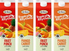 Grace Foods unveils revamped Tropical Rhythms range Pack shots of Grace Tropical Rhythms Mango Carrot and Fruit Punch.