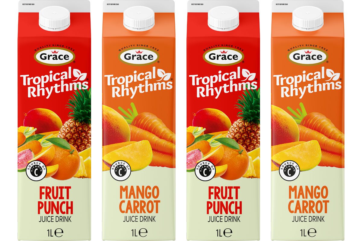 Pack shots of Grace Tropical Rhythms Mango Carrot and Fruit Punch.