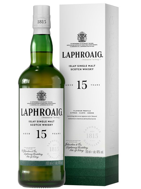 A pack shot image of Laphroaig 15 Year Old with the outer box behind the bottle.
