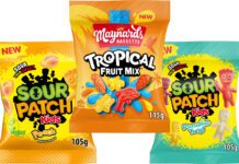 Sour Patch Kids and Maynards bring tropical vibes Pack shots of Sour Patch Kids Peach, Maynards Bassetts Tropical Mix and Sour Patch Kids Paradise Twist.