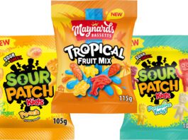 Sour Patch Kids and Maynards bring tropical vibes Pack shots of Sour Patch Kids Peach, Maynards Bassetts Tropical Mix and Sour Patch Kids Paradise Twist.