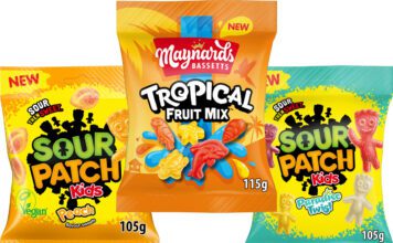Sour Patch Kids and Maynards bring tropical vibes Pack shots of Sour Patch Kids Peach, Maynards Bassetts Tropical Mix and Sour Patch Kids Paradise Twist.