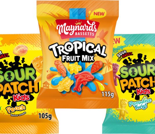 Sour Patch Kids and Maynards bring tropical vibes Pack shots of Sour Patch Kids Peach, Maynards Bassetts Tropical Mix and Sour Patch Kids Paradise Twist.