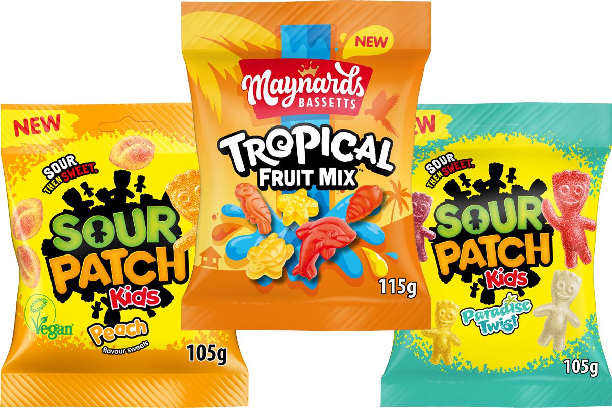 Pack shots of Sour Patch Kids Peach, Maynards Bassetts Tropical Mix and Sour Patch Kids Paradise Twist.