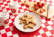 McGhee’s partners with Maggie’s with new Scottie biscuits A plate with McGhee's Scottie dog biscuits on it sits on a gingham blanket with coffee cups with McGhee's logo on them and a chopping board with cut up strawberries on them.